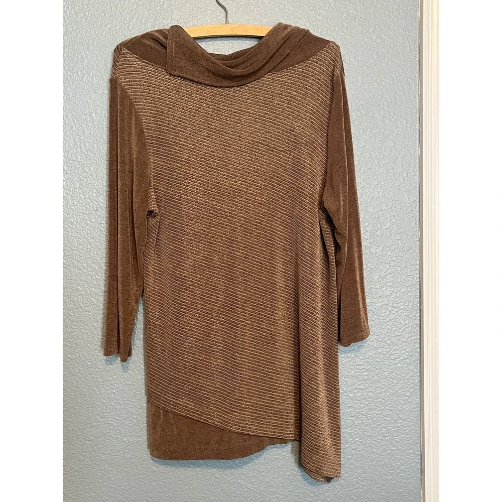 Chicos Travelers Metallic Brown Shimmer Cowl Neck Asymmetric Tunic Sz 1 US XL - Picture 13 of 16